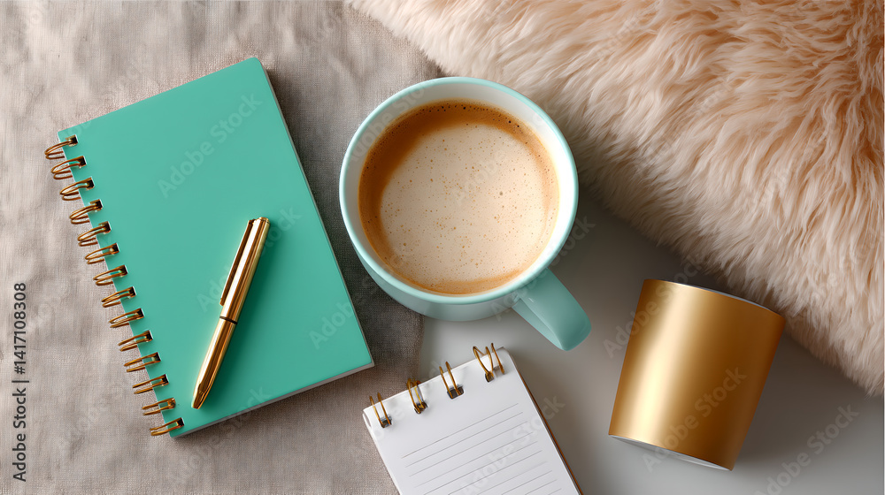 Cozy Flatlay Teal Notebook Gold Accents Coffee Cup on Beige Texture
