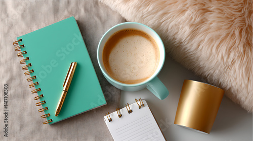 Obraz na płótnie Cozy Flatlay Teal Notebook Gold Accents Coffee Cup on Beige Texture w salonie