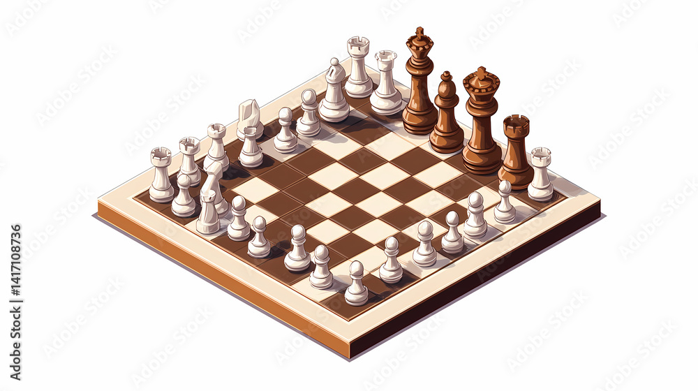 Chess Game Illustration: A stylized chess game showcases the strategic complexity and intellectual competition of the ancient game. The pieces are artfully arranged on a checkered board. Chess Game Illustration: A stylized chess game showcases the strategic complexity and intellectual competition of the ancient game. The pieces are artfully arranged on a checkered board.