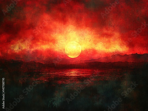 Fiery sunset over a dark, moody horizon.