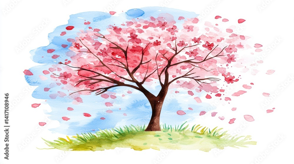 Fototapeta premium Blossoming cherry tree in spring nature scene watercolor art serene landscape vibrant colors