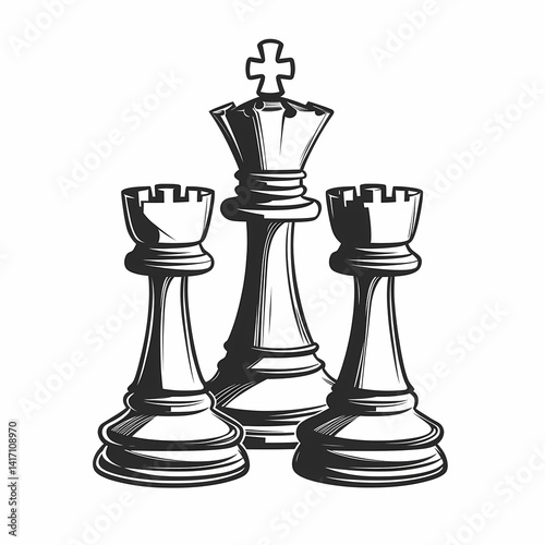 Strategic Stance: A graphic illustration of a chess set, symbolizing strategy and leadership, with the king and two rooks positioned, ready for the game. photo
