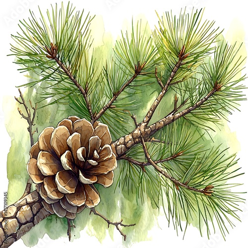 Detailed illustration of a pine branch with cone.
