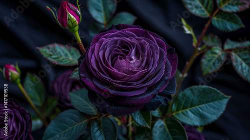 Deep black rose with velvet texture, white background, dark academia aesthetic, moody lighting, high contrast