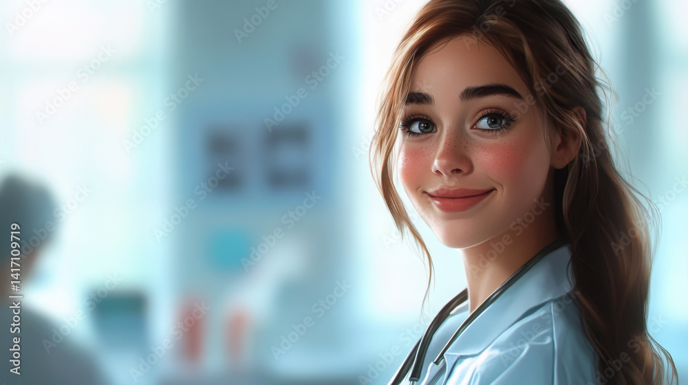 Fototapeta premium Close-up portrait of a hopeful and happy young woman in a medical coat, standing confidently in a bright clinic