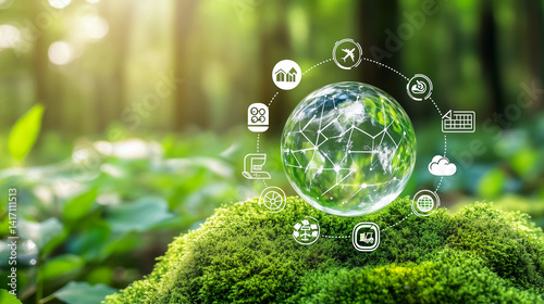 Transparent Glass Globe with Sustainable Technology Icons on Green Moss in Forest