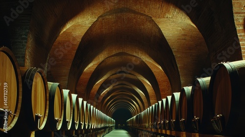 Tunnel with rows of wooden barrels under a brick archway