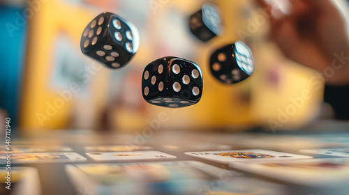 Dice in Action: Four dice are mid-air, frozen in time during a game of chance, creating dynamic action with numbers representing possibilities.