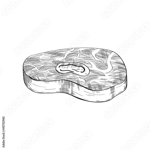 Engraved sketch Osso Buco meat on isolated background. Hand drawn Italian beef shank Ossobuco, semi finished butchery product. Graphic with Milan cuisine ingredient, food. Vector illustration for menu