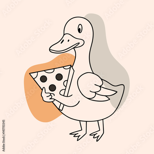 a vector line art illustration of a duck holding a slice of pizza in its beak