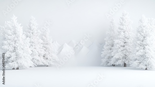 Pristine winter wonderland scene.  Snowy trees and mountains in a minimalist setting