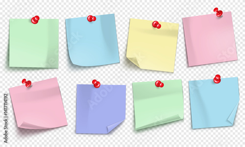 Vector note with push pin isolated on transparent background. Mockup of realistic sticky note for design.