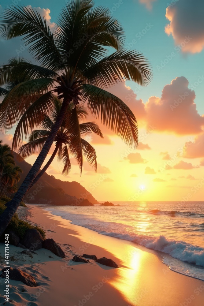 Fototapeta premium Palm trees sway in warm ocean breeze on sandy beach at sunset, sunset, tropical