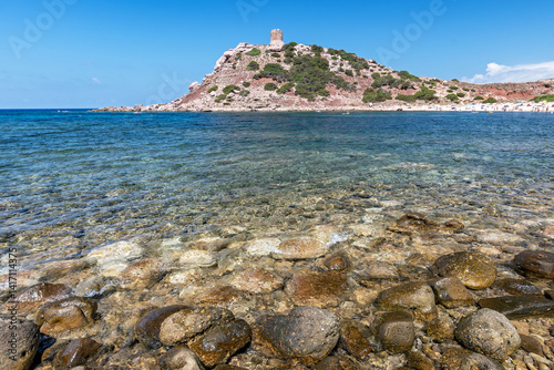 Fototapeta Naklejka Na Ścianę i Meble -  View on sea bay Cala Porticciolo gulf with Torre del Porticciolo tower in Parco Naturale Regionale di Porto Conte, Alghero, Sassari. Sardinia, Italy.
