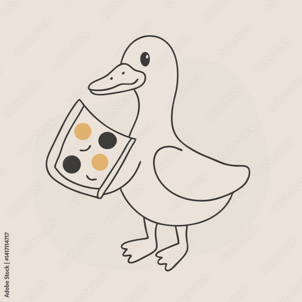 a vector line art illustration of a duck holding a slice of pizza in its beak a vector line art illustration of a duck holding a slice of pizza in its beak
