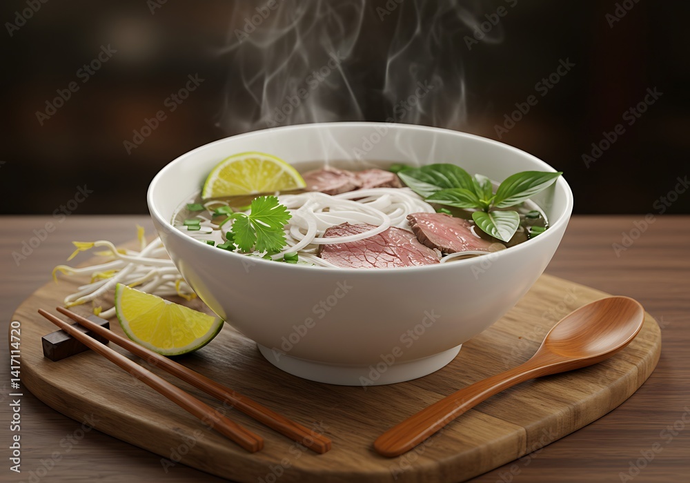 Delicious pho soup with beef noodles and fresh herbs a traditional vietnamese cuisine steaming hot and ready Delicious pho soup with beef noodles and fresh herbs a traditional vietnamese cuisine steaming hot and ready
