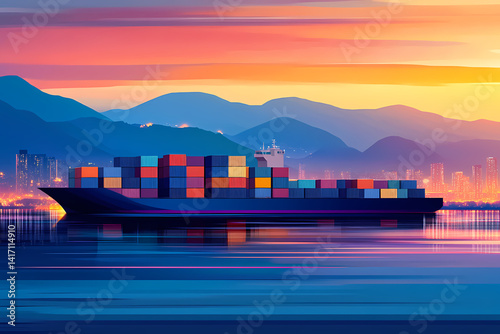 Wallpaper Mural Cargo Ship at Sunset: A dynamic cargo ship laden with colorful containers sails smoothly across the tranquil waters, with mountains silhouettes in the distance. Torontodigital.ca