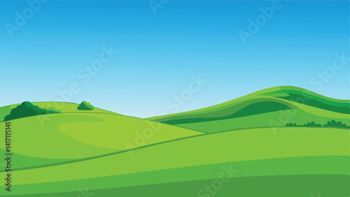 Green hills and blue sky. Vector illustration of a green landscape.