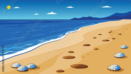 Seascape with sea and blue sky. Vector illustration in flat style
