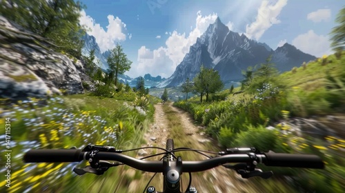 A virtual reality mountain biking trail with adjustable difficulty levels and scenery