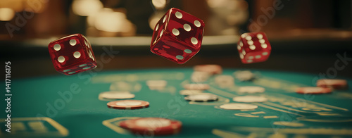 Rolling the Dice of Chance: Three vibrant red dice are suspended in mid-air above a casino table, promising the thrill of chance and potential winnings.