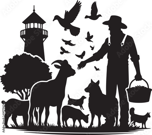 Farmer feeding animals silhouette icon vector illustration on white background