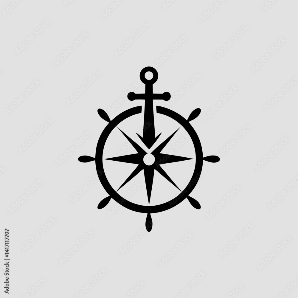 Fototapeta premium A vintage sailor logo showing a ship’s wheel and anchor crossed behind a compass