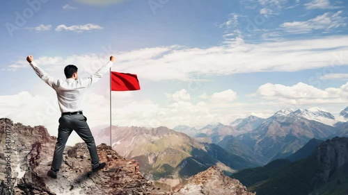 Achievement Mountain Summit Victory with Red Flag, Success Overlooking Majestic Mountain Range and