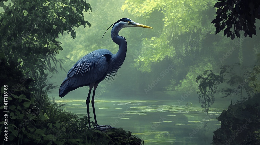 Fototapeta premium A great blue heron standing near a body of water surrounded by lush green vegetation and misty air