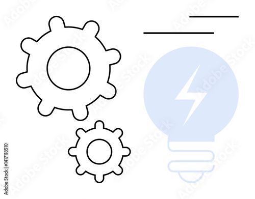 Gears representing mechanism and process with a light bulb hinting at innovation, energy, and creativity. Ideal for technology, productivity, invention, engineering, brainstorming, teamwork