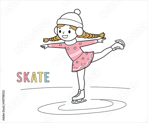 A vector illustration showcasing a female figure skater performing on the ice rink, set against a white background.