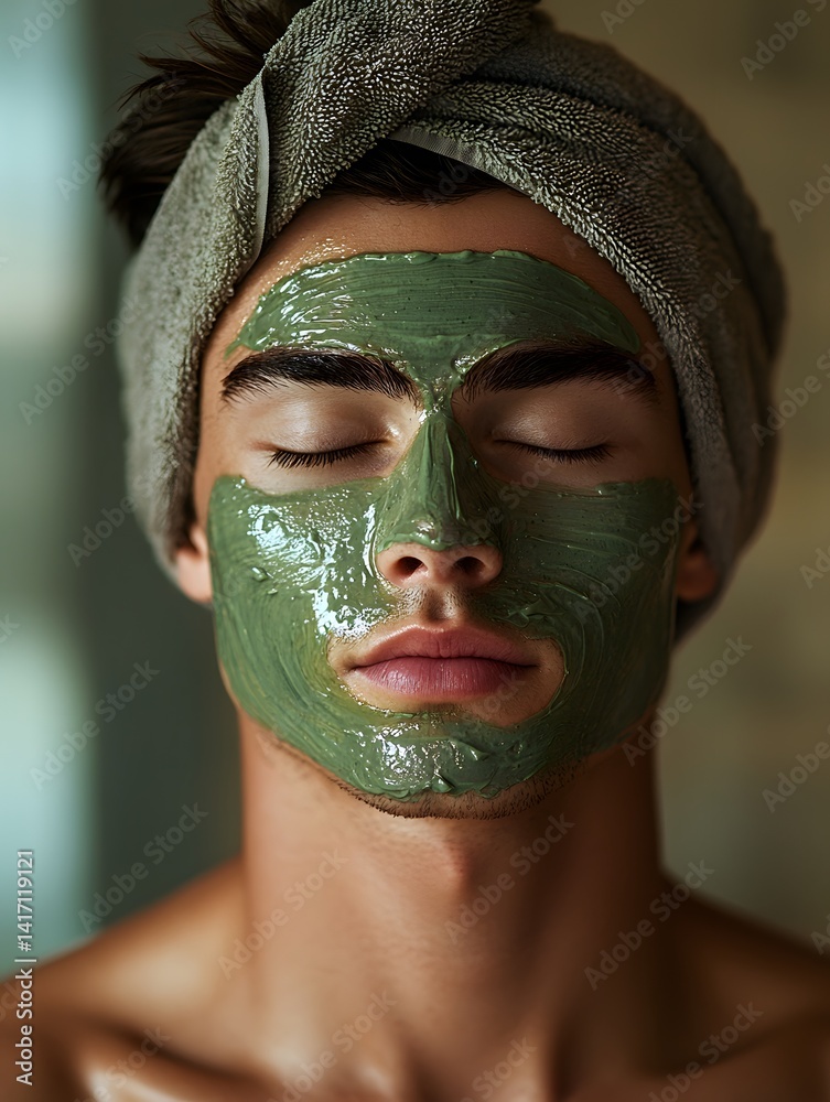 Close-up of a man with a green facial mask applied Generative AI Close-up of a man with a green facial mask applied Generative AI
