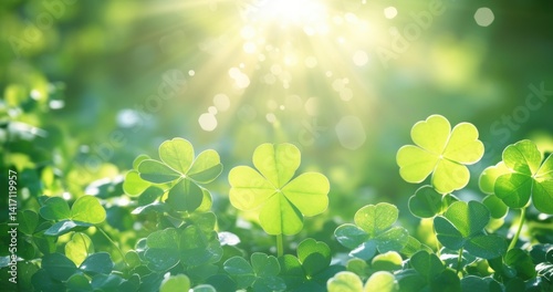 Sunlit Clover Field with Four-Leaf Clovers