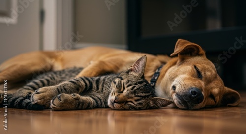 Dog and Cat Sleeping Together on Hardwood Floor