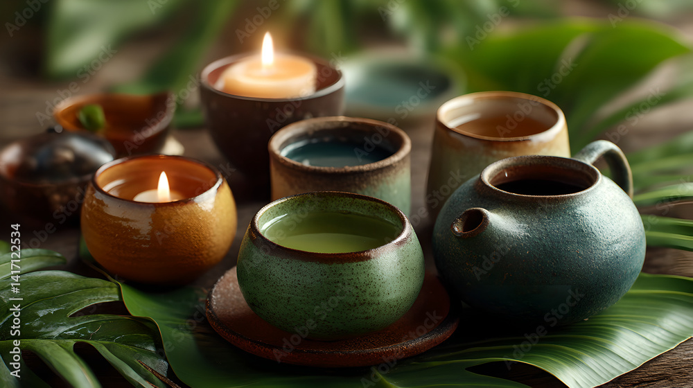Serene Tea Ceremony Earthy Ceramic Teaware with Lit Candles and Lush Greenery