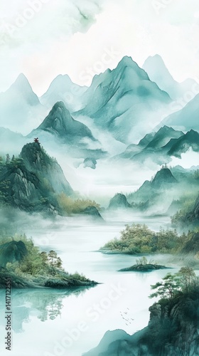 A serene landscape featuring misty mountains and a calm lake