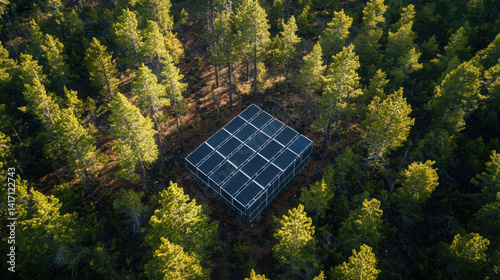 Forest-integrated solar panel system viewed from above