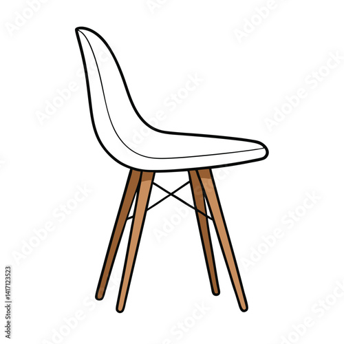  a vector line art illustration of a modern chair with wooden legs and a white seat