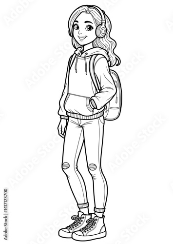 Fashionable girl in casual attire with headphones and backpack, coloring page on the theme of fashion on a transparent background  