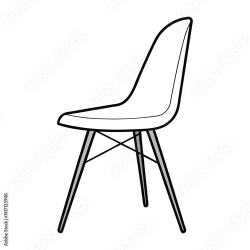  a vector line art illustration of a modern chair with wooden legs and a white seat