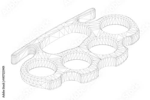 A close up of a wireframe Brass knuckles with a white background. Isometric view