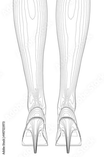The image is of a pair of black high heels with a white sole. The shoes are pointed and have a sleek, modern design. The image is in black and white, which gives it a classic, timeless feel. Back view