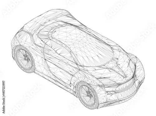 A car is shown in a black and white drawing. The car is a futuristic design with a sleek and aerodynamic shape. The drawing is of a single car, but it is a 3D rendering of a car. Isometric view