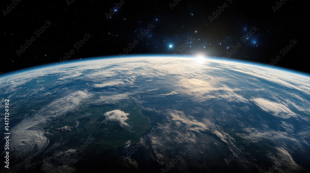 Fototapeta premium Breathtaking View of Earth from Space Showcasing Vibrant Blue Oceans Green Continents and White Cloud Cover Under a Dark Infinite Cosmos Above