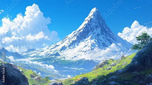 Fototapeta Naklejka Na Ścianę i Meble -  A scenic view of a snow capped mountain with a blue sky and fluffy white clouds in the background