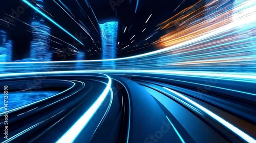Futuristic Neon Highway Light Trails – High-Speed Motion Blur in Cyberpunk Cityscape

