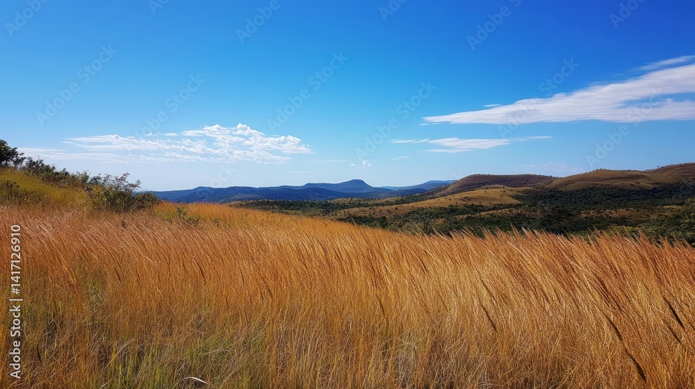 Golden grass field stretches towards distant hills under a vibrant blue sky. Golden grass field stretches towards distant hills under a vibrant blue sky.