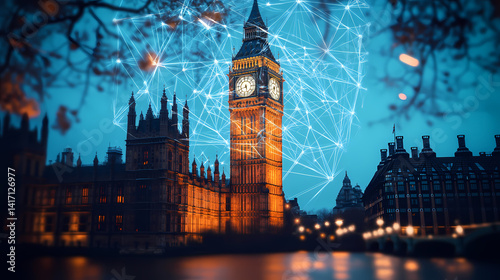 London at Night: Digital Connections: The iconic Elizabeth Tower (Big Ben) and the Houses of Parliament are illuminated at night, overlaid with a futuristic network of digital connections.
