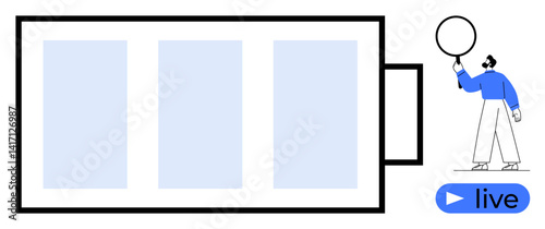 Large battery icon with three segments, person holding speech bubble, live streaming button. Ideal for sustainability, energy, technology, streaming, communication, teamwork simple landing page