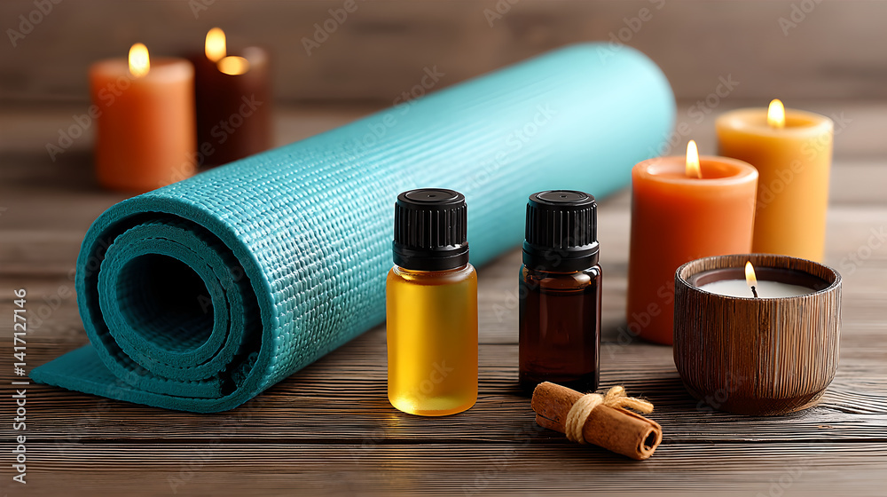 Teal Yoga Mat and Essential Oils with Burning Candles on Rustic Wood